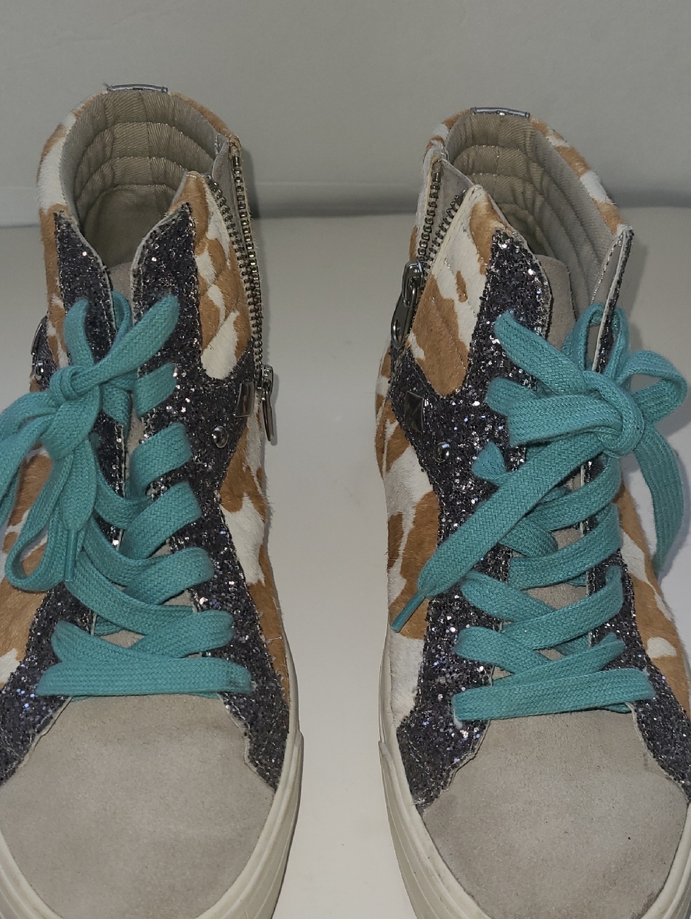 Gianni Bini High-Top Sneakers with Teal Laces and Glitter Accents